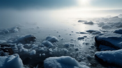 Obraz premium Artic sea frozen with a lot of small ice pieces, generative ai