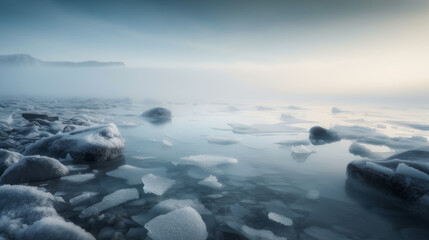 Naklejka na ściany i meble Artic sea frozen with a lot of small ice pieces, generative ai