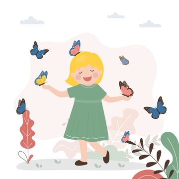 Happy girl with butterflies. Child in nature, park or meadow. Different types of butterflies sit on the kid. Cheerful and smiling girl surrounded by beautiful insects.