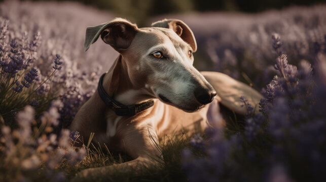 Indian sighthound in levandula field, dog in purple flowers, generative ai