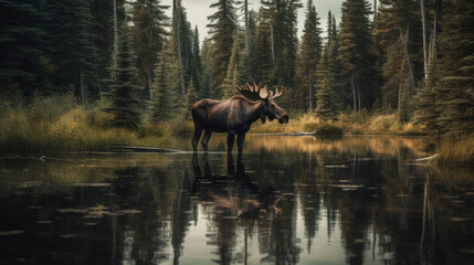 Big and majestatic elk standing in a river on Alaska, generative ai