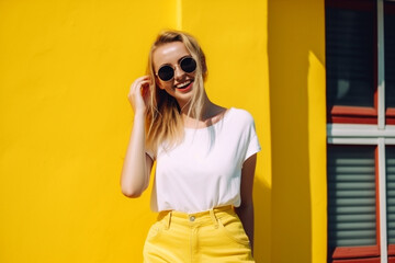 Fototapeta premium Pretty young woman with blonde hair wearing sunglasses in front of a yellow wall outside. generative AI