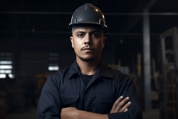 Hispanic man in work force. Hard worker, tough guy with serious face. generative AI