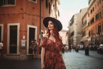 Obraz premium Pretty woman with red hair walking in a street outside in Europe. Traveling with a flowing dress and floppy hat, stylish and fun travel outfit. generative AI