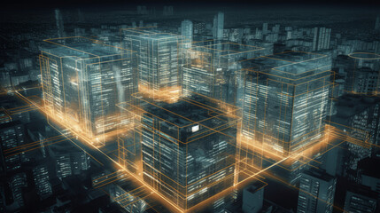 Ai in building sector light, visualisation of artificial inteligence in future as light traces on buildings, ai generated