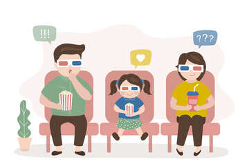 Fototapeta premium Happy family is sitting in cinema and watching movie. People in stereo glasses are watching 3d movie. Cute characters are eating popcorn and looking at screen. Front view.