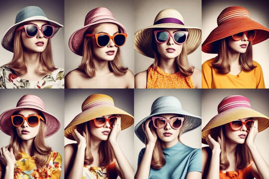 Collage of images featuring pretty woman wearing floppy hat and big sunglasses. Ready for travel. generative AI