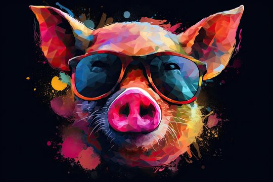 pig in sunglasses realistic with paint splatter abstract