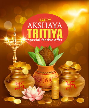 Promotion banner with gold pots, Kalash, diya (oil lamp) and coins for Indian festival Akshya Tritiya. Vector illustration.
