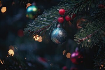 Close up view of beautiful fir branches with shiny colorful bauble or ball, xmas ornaments and lights, christmas holidays background. Generative Ai.