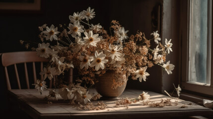 Naklejka na ściany i meble Beige flowers on table in vintage style, generative ai