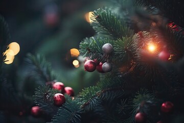 Close up view of beautiful fir branches with shiny colorful bauble or ball, xmas ornaments and lights, christmas holidays background. Generative Ai.