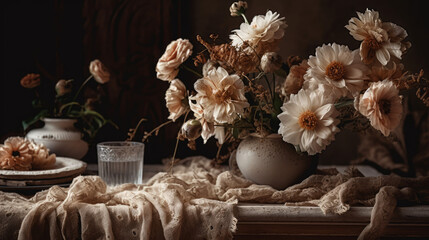 Fototapeta na wymiar Beige flowers on table in vintage style, generative ai