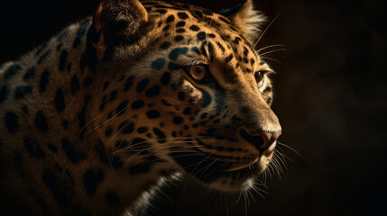 Fototapeta na wymiar Big cat portrait with dramatic dark lighting and black background, generative ai