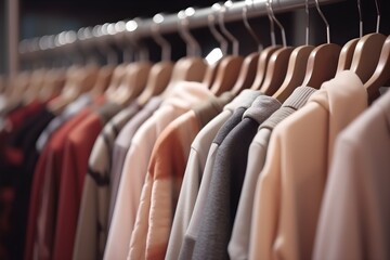 Fototapeta premium Row of hangers with clothes in the store. Generative AI.