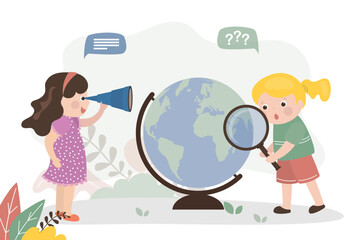 Preschool girls uses magnifying glass and spyglass to study big globe. Children curiosity, desire for knowledge and learning new things. Smart female students studying environment or geography