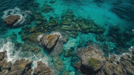 Fototapeta na wymiar Coastline with azure sea from above, generative ai