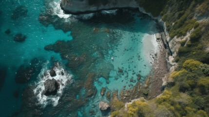 Fototapeta na wymiar Coastline with azure sea from above, generative ai
