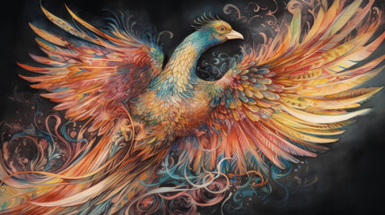 Obraz premium Color pheonix manuscript tatoo, generative ai