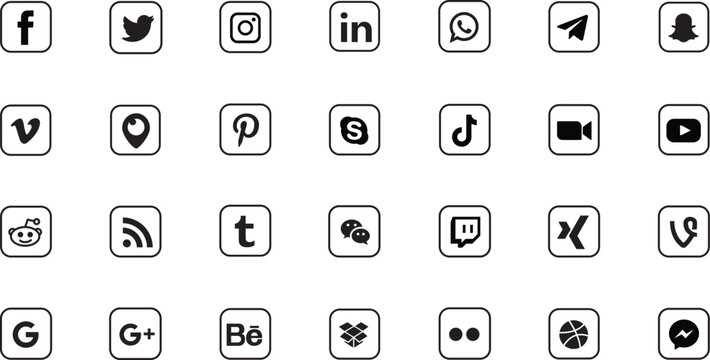 Set popular social media icons. Facebook, instagram, twitter, youtube, and many more. Social media icons rounded outline design.