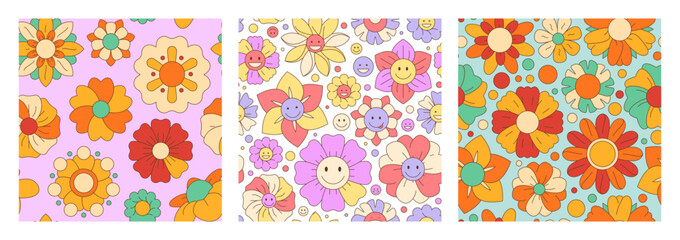 Groovy flowers pattern. Psychedelic abstract floral wallpaper print for spring summer hippie decor, cheerful flower hippie graphic. Vector floral design. Pastel and bright natural elements