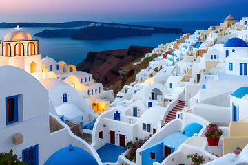 Santorini skyline sunset windmill - obrazy, fototapety, plakaty