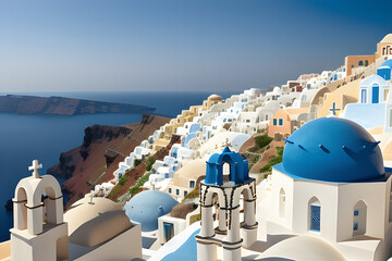 santorini greek island scene blue dome churches aegean sea