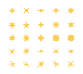Stars and sparkles icons. Glitter party decoration elements, shiny dust burst and cosmic decorative symbols. Vector isolated set. Magic glowing and shining lights, festive sparking objects
