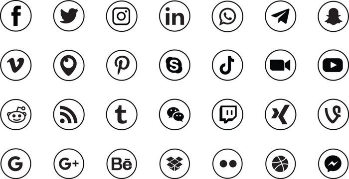 Set popular social media icons. Facebook, instagram, twitter, youtube, linkedin, whatsapp, snapchat and many more. Social media icons round outline design on transparent background.