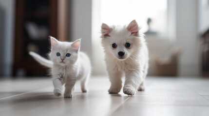 Innocent and happy kitten and puppy smiling to camera, generative ai