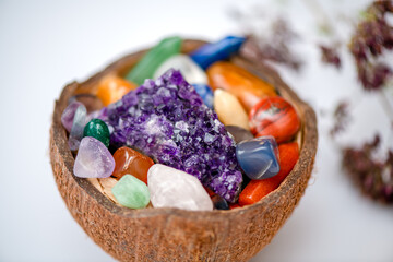 Various  crystals for healing, magical practices, minerals for esoteric spiritual practice, Healing Crystal Ritual, Witchcraft, Relax Chakra. Feng Shui, reiki therapy concept, spiritual force human.