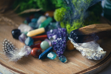 Various  crystals for healing, magical practices, minerals for esoteric spiritual practice, Healing Crystal Ritual, Witchcraft, Relax Chakra. Feng Shui, reiki therapy concept, spiritual force human.