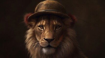 Lion wearing a hat with rose, generative ai