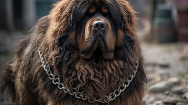 Muscular majestatic Tibetan Mastif wearing extreme large chain around his neck, generative ai