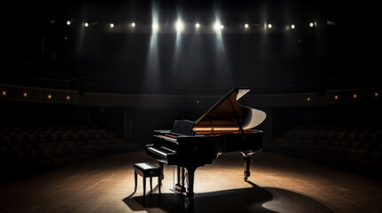 Concert hall with piano on tage with light ray and no peaople, generative ai