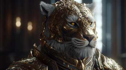 Antropomorphic majestatic tiger statute in armor, generative ai