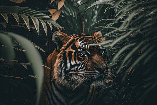 Generative AI illustration of colorful vibrant tiget in dense jungle landscape location