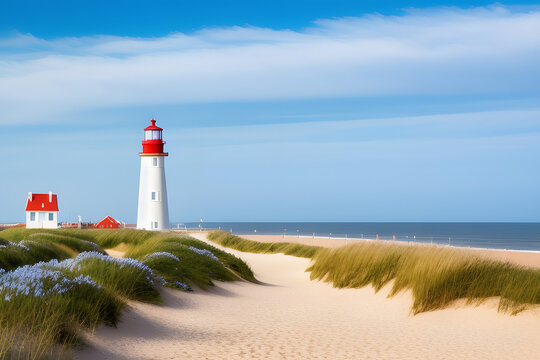 Blue and white windshields and Lighthouse on the Noordwijk beach, Netherlands