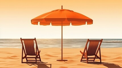 Summer beach banner with umbrella and two deck chairs, warm colors, summer theme illustration
