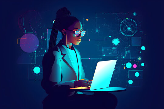 Flat vector illustration African woman with laptop and glasses, blue background, neon light, colorful mixed lights. Data storage cyber security, hacking, big data.