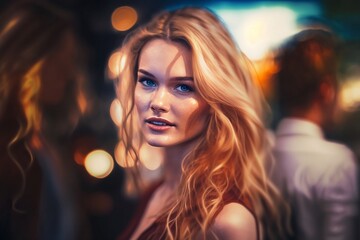 Fototapeta premium A portrait of a beautiful woman in nightclub. Good for any project. Generative AI.