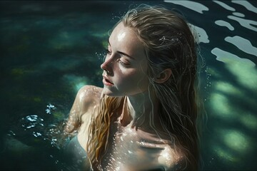 A beautiful attractive woman in a swimming pool, vacation concept. Generative AI