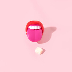 A tongue sticking out and a sugar cube, creative layout, pastel pink background. 