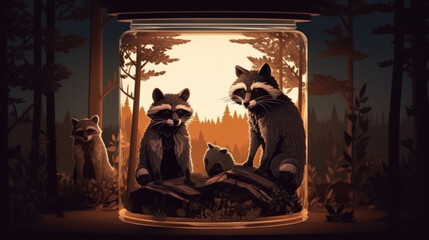 Raccoons family in jar, generative ai