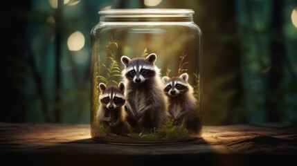 Raccoons family in jar, generative ai