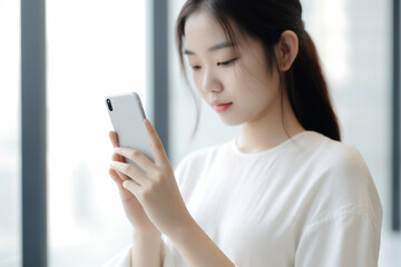 Fototapeta premium スマホを操作する若い女性の手元,Generative AI