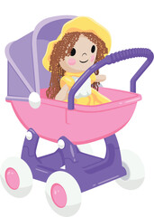 Picture of a baby carriage with a doll sitting inside. Isolated on a white background