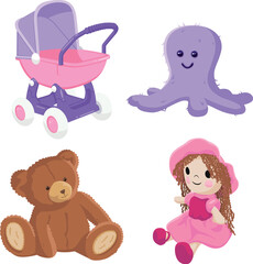 Illustration of children's toys for girls in the form of a stroller, teddy bear, plush octopus and doll. Isolated on white background