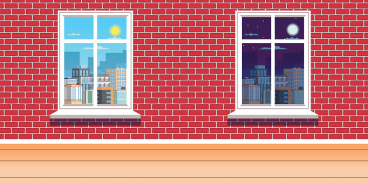 Background in the form of a brick wall and two windows, in one the image of the city during the day, in the second the city at night
