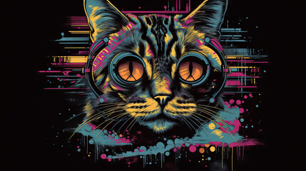 Colorful cat with headphones as a design for T-shirt, generative ai